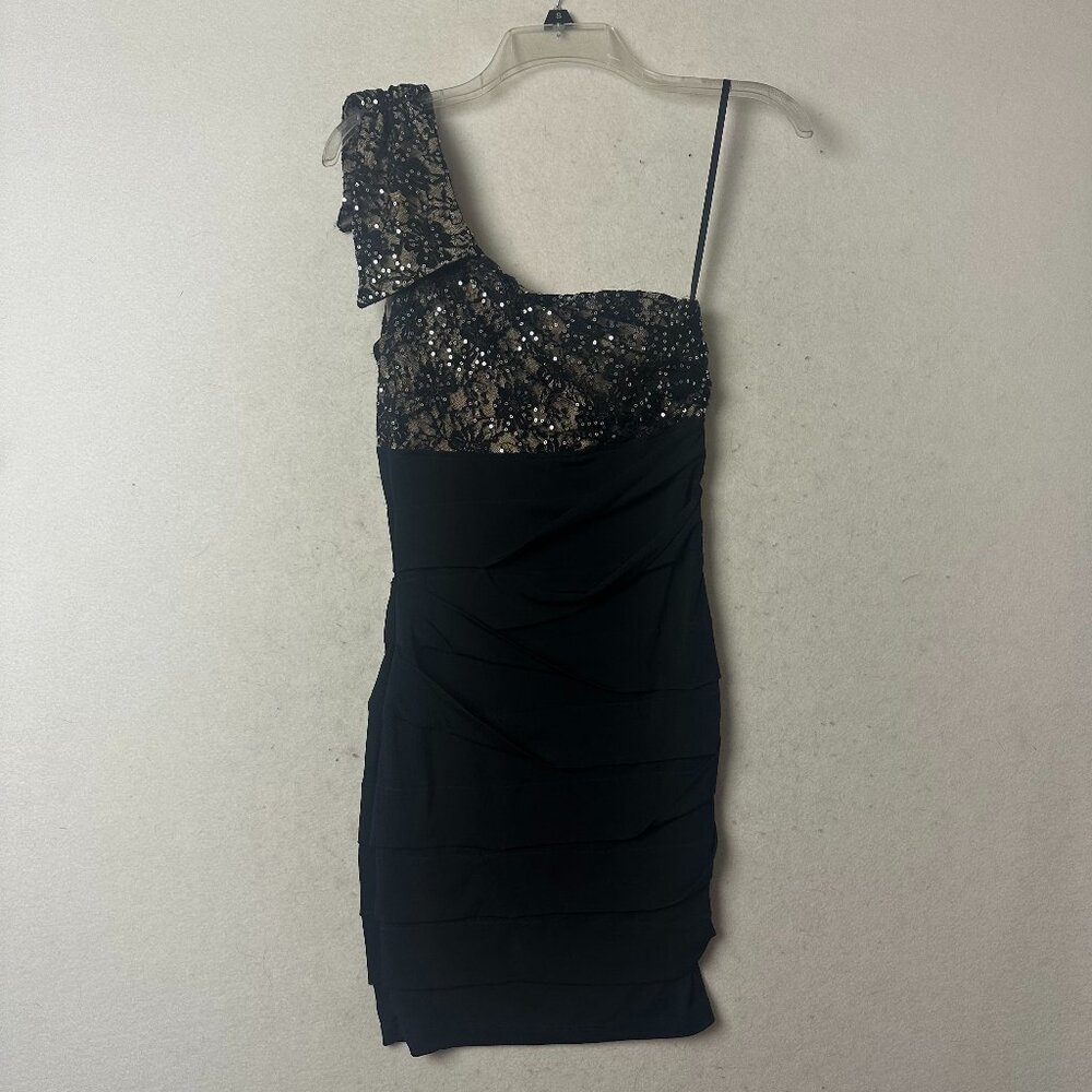 City‎ Triangles Black Sequin Lace Ruched One Shoulder Cocktail Dress Small VTG
